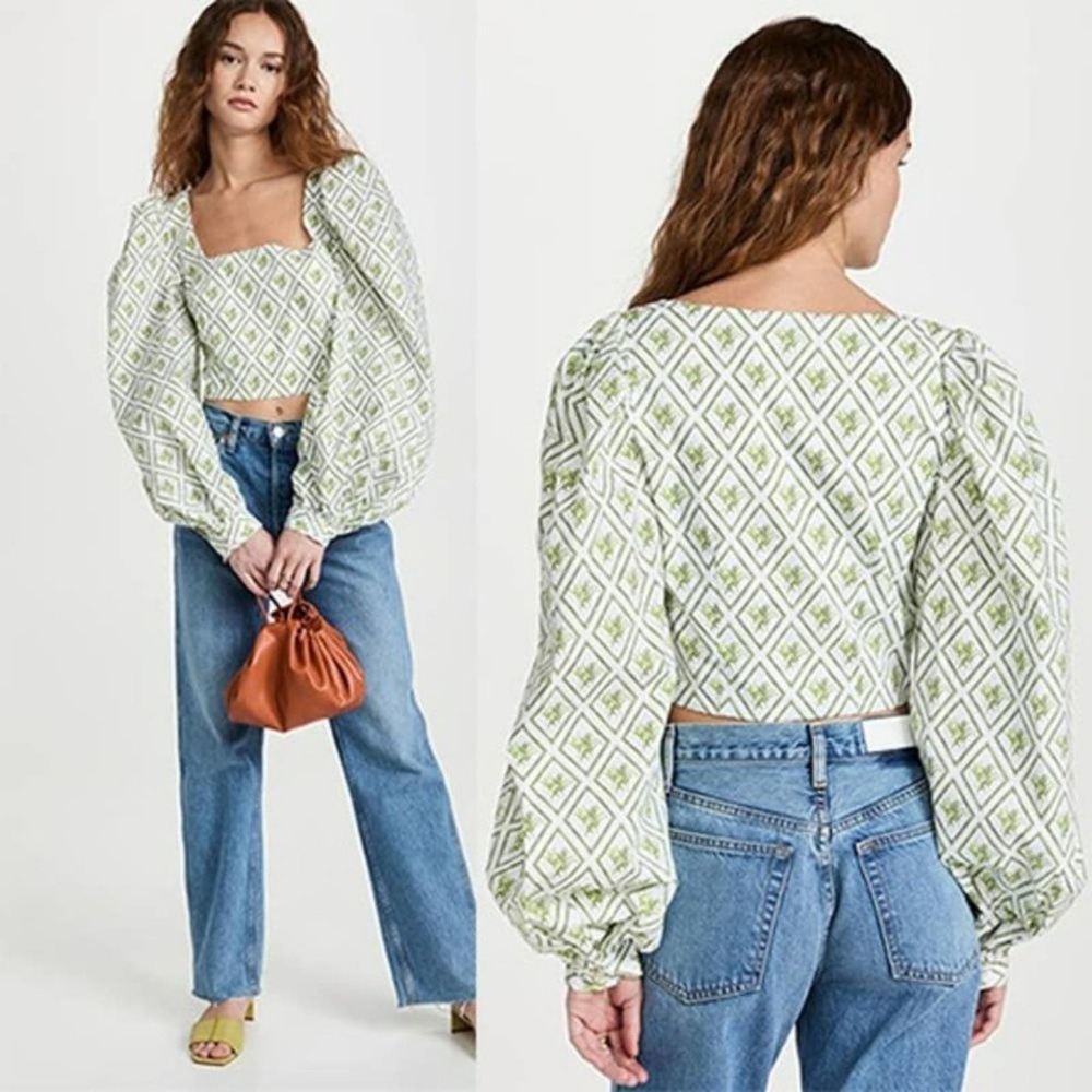 NWT Caroline Constas Elliot Puff Sleeve Green and White Leaf Printed Blouse Top